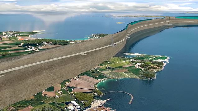 Visual GCI menunjukkan Terowongan Rogfast di Norwegia yang dibangun di bawah tanah dan mengambang di air melintasi fjord.