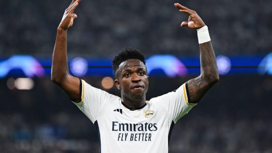 Bintang Real Madrid Vinicius Jr merayakannya