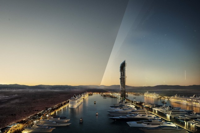Une photo fournie par NEOM saoudien le 26 juillet 2022 montre le plan de conception des structures parallèles de 500 mètres de haut, connues collectivement sous le nom de The Line, au cœur de la mégapole de la mer Rouge NEOM. - Une mégapole futuriste en Arabie Saoudite comprendra deux gratte-ciel massifs recouverts de miroirs qui s'étendront sur 170 kilomètres de terrain désertique et montagneux, abritant à terme neuf millions de personnes, a annoncé le dirigeant de facto du royaume. (Photo par NEOM / AFP) / RESTREINT A USAGE EDITORIAL - CREDIT OBLIGATOIRE "PHOTO AFP / NÉOM" - PAS DE MARKETING - PAS DE CAMPAGNES PUBLICITAIRES - DISTRIBUÉ COMME SERVICE AUX CLIENTS (Photo de -/NEOM/AFP via Getty Images)