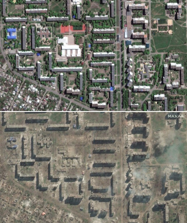(COMBO) Kombinasi citra satelit yang dirilis pada 24 Februari 2024 oleh Maxar Technologies menunjukkan gedung sekolah dan apartemen di timur kota Bakhmut di Oblast Donetsk pada 8 Mei 2022 (kiri) dan 15 Mei 2023 (kanan), di tengah invasi militer Rusia ke Ukraina. (Foto melalui citra satelit ??2024 Maxar Technologies / AFP) / DIBATASI UNTUK PENGGUNAAN EDITORIAL - KREDIT WAJIB "FOTO AFP/GAMBAR SATELIT ??2024 TEKNOLOGI MAXAR" - TANPA PEMASARAN, TANPA KAMPANYE IKLAN - DIDISTRIBUSIKAN SEBAGAI LAYANAN KEPADA PELANGGAN - TANDA AIR TIDAK DAPAT DIHAPUS/PANEN (Foto oleh -/Gambar satelit?? 2024 Maxar Technologies/AFP via Getty Images)