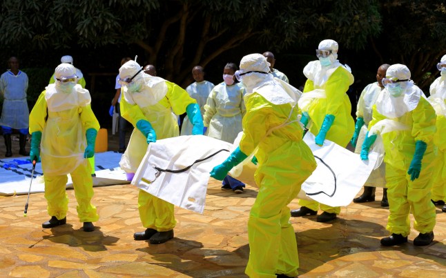 Pejabat Kongo dan pejabat Organisasi Kesehatan Dunia mengenakan pakaian pelindung saat mereka mengikuti pelatihan Ebola di dekat kota Beni, provinsi Kivu Utara, Republik Demokratik Kongo, 11 Agustus 2018. REUTERS/Samuel Mambo
