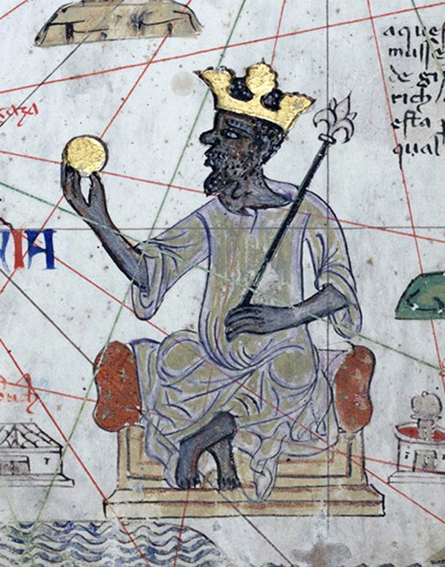 Spanyol/Catalonia: Mansa Musa, raja Mali, memegang tongkat kerajaan dan koin emas seperti yang digambarkan dalam Atlas Catalan, oleh ilustrator Yahudi Cresques Abraham, 1375. (Foto oleh: Pictures from History/Universal Images Group via Getty Images)