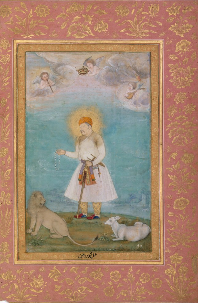 Akbar dengan singa dan anak sapi, folio dari album Shah Jahan, verso: sekitar tahun 1630; lurus: sekitar tahun 1530-50. Artis Govardhan, Mir 'Ali Haravi. (Foto oleh Heritage Art/Heritage Images melalui Getty Images)
