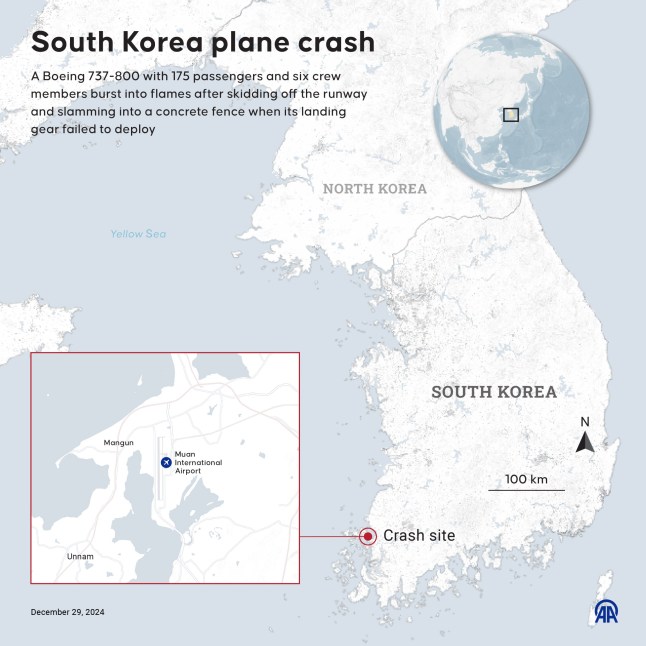 ANKARA, TURKIYE - 29 DESEMBER: Infografis berjudul "Kecelakaan pesawat di Korea Selatan" ditayangkan perdana di Ankara, Turki pada 29 Desember 2024. Sebuah Boeing 737-800 dengan 175 penumpang dan enam awak terbakar setelah tergelincir dari landasan pacu dan menabrak pagar beton ketika roda pendaratannya gagal tidak dipasang. (Foto oleh Mehmet Yaren Bozgun/Anadolu melalui Getty Images)