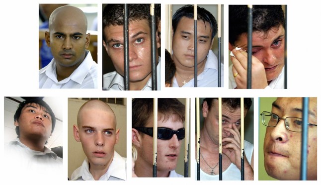 DENPASAR, INDONESIA: Kombinasi ini menunjukkan foto yang diambil antara 13 Februari 2006 dan 15 Februari 2006 dari pengedar narkoba Australia yang dikenal sebagai "Bali Baru": (baris atas dari kiri ke kanan) Myuran Sukumaran, Scott Rush, Tach Duc Thanh Nguyen, Renae Lawrence dan (baris bawah dari kiri ke kanan) Si Yi Chen, Matthew Norman, Michael Czugaj, Martin Stephen dan Andrew Chan, dalam berbagai tahap penampilan mereka uji coba di Denpasar, di pulau Bali. Pengadilan Indonesia menjatuhkan hukuman mati pada Sukumaran. Chan dan tujuh warga Australia lainnya dijatuhi hukuman penjara seumur hidup karena berpartisipasi dalam jaringan narkoba yang mengekspor heroin dari pulau resor Bali ke Australia. AFP PHOTO/Jewel SAMAD (Kredit foto harus dibaca JEWEL SAMAD/AFP/Getty Images) 8679901