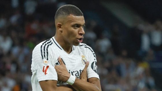 Kylian Mbappe merayakan golnya setelah mencetak gol untuk Real Madrid