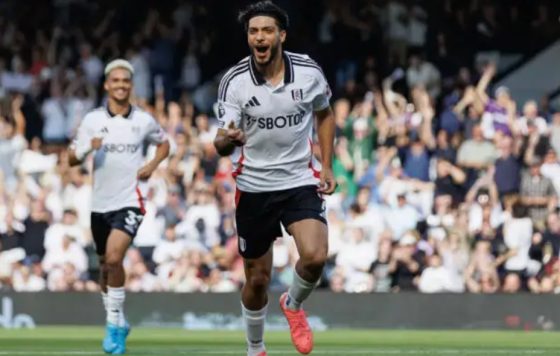 Raul Jimenez merayakan golnya setelah mencetak gol untuk Fulham di Liga Premier